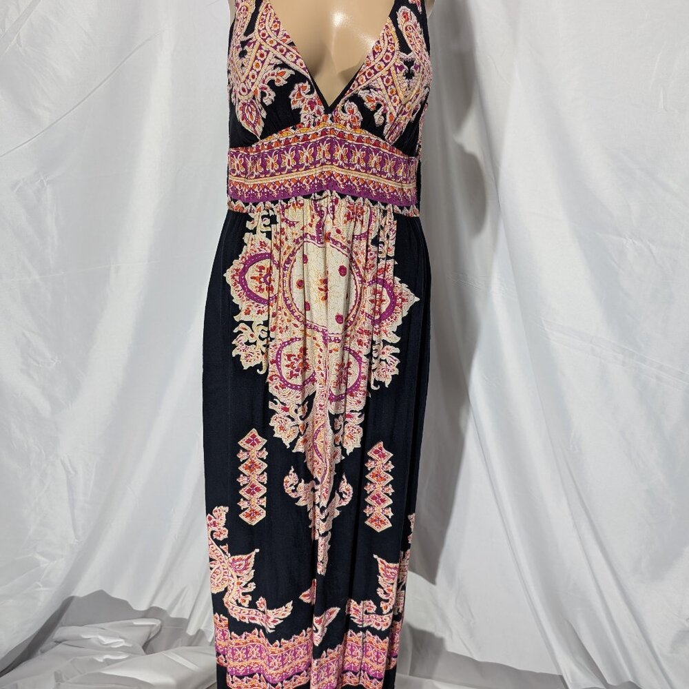 Angie Boho Maxi Dress Women's Med Adjustable Black Paisley Sleeveless Romantic